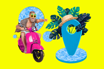 Fototapeta Creative abstract template graphics collage image of cool senior guy riding retro moped new trip isolated colorful yellow background obraz