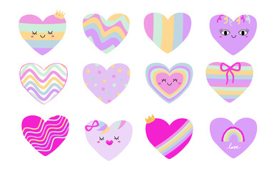 Pride month heart. LGBT hearts in flat design. Pastel rainbow heart in different styles LGBT community signs. Hearts in rainbow colors. LGBTQ design elements.