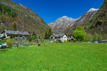 The small characteristic village of Sonogno, the highest town of Val Verzasca, in Canton Ticino,...
