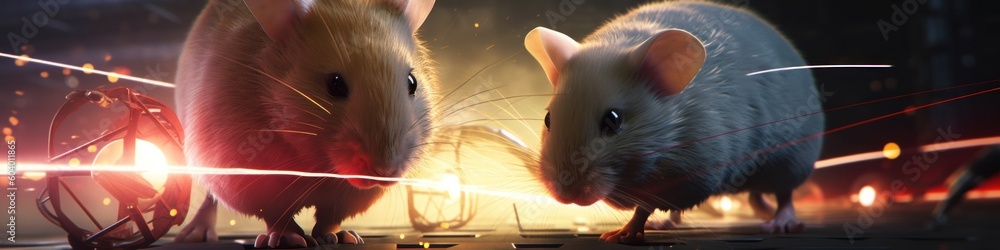 Poster a couple of mice standing next to each other. generative ai image.