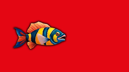 Multicolored fish on a red background. Horizontal image