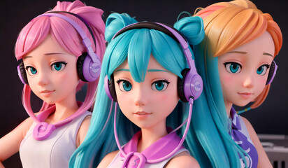 Obraz premium Pop art girl with headphones. Set of avatars. Generative AI