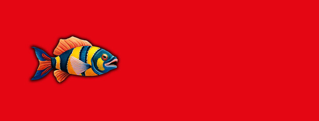 Multicolored fish on a red background. Banner for insertion into site. Horizontal image