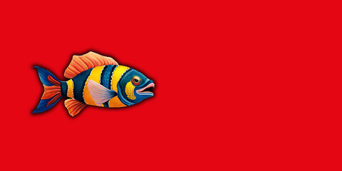 Multicolored fish on a red background. Banner for insertion into site. Horizontal image