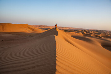 Walking in desert sand dunes, Wahiba Sands, Ash Sharqiyah, Oman - obrazy, fototapety, plakaty