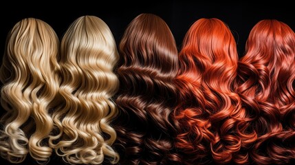 back view of a row of different colored hair extensions wigs on black background - obrazy, fototapety, plakaty