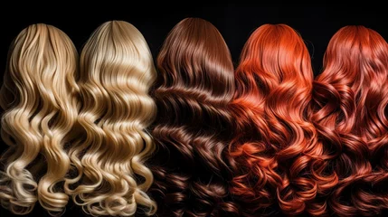  back view of a row of different colored hair extensions wigs on black background © Anastasia Shkut