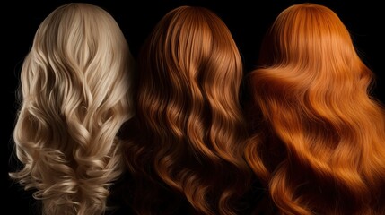 Fototapeta premium back view of a row of different colored wawy hair extensions wigs on black background