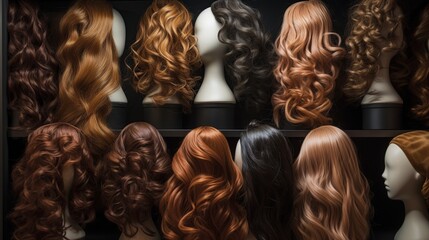 A collection of mannequins with different wigs on them