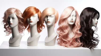 A row of wigs with different hair colors on white background - obrazy, fototapety, plakaty
