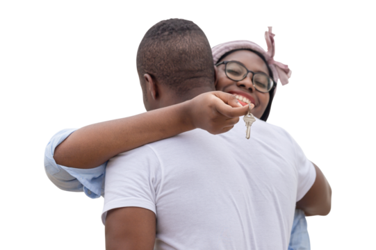 Woman hugging man and holding the home key