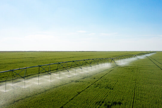 Center pivot crop irrigation or irrigation system for farm management. Watering system in the field. An irrigation pivot watering a field