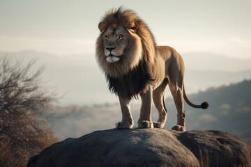 Fototapeta na wymiar a lion standing on a rock on a hill