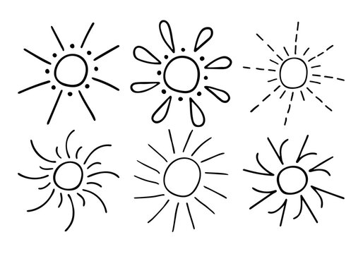 Doodle outlines of the sun. Vector drawing of sunbeams. Variety of sunbeams