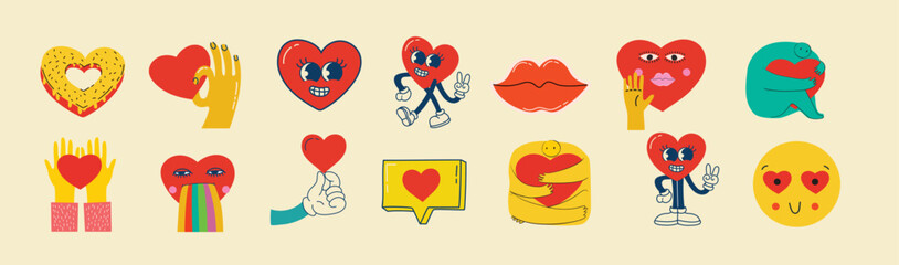 Groovy hippie love sticker set. Retro happy Valentines day. Comic happy heart character in trendy retro 60s 70s cartoon style. Retro characters and elements.