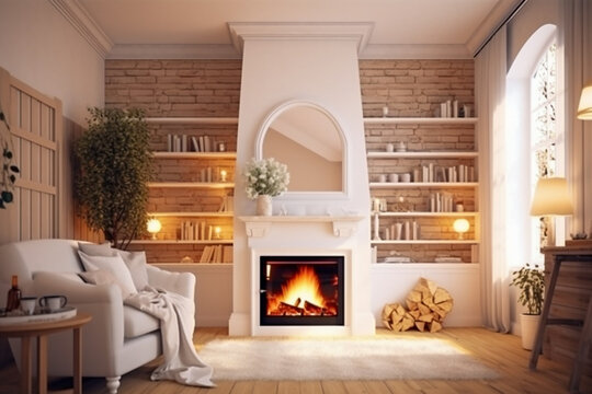 Modern interior design of the living room with fireplace. Super photo realistic background, generative ai illustration	