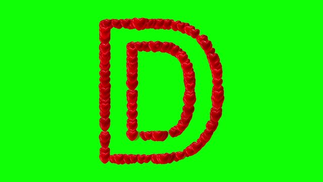 English alphabet D with red hearts on green screen background