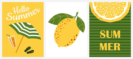 Hello summer. Set of cute vertical posters with tropical lemon, citrus lemonade, flip flops and sun umbrella. 