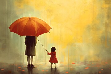 A girl holding an umbrella with her mother illustration. Generative AI.