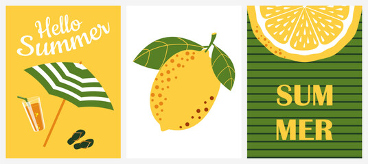 Hello summer. Set of cute vertical posters with tropical lemon, citrus lemonade, flip flops and sun umbrella. Vector.
