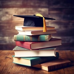 Stack books with black square academic cap on top,Graduation in school, College or university,AI generated.