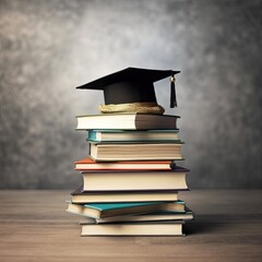 Stack of books and a hat of the graduate,Achievement in education,Education Concept,AI generated.