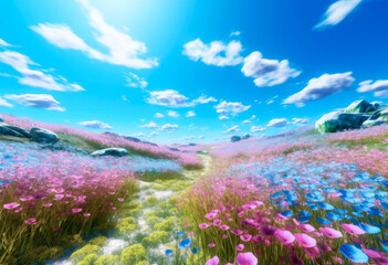 Obraz na płótnie Canvas Field with lots of flowers and blue sky, White daisies, purple flowers, sky and dahlias, naturalistic landscape backgrounds. Generative Ai Illustration.