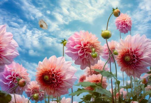 Field with lots of flowers and blue sky, White daisies, purple flowers, sky and dahlias, naturalistic landscape backgrounds. Generative Ai Illustration.