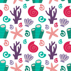 Seamless pattern with seashell, seaweed, abstract elements. Vector background with a marine theme.