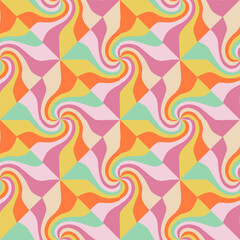 Retro background vector pattern with a vintage color palette in a spiral or swirl radial stripes design. Psychedelic swirl seamless pattern. 60s, 70s style liquid groovy background.