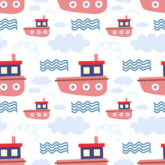 Seamless pattern with boats. Vector background with a marine theme.
