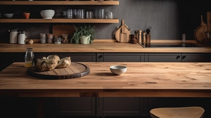 Fototapeta na wymiar Empty wooden table in beautiful kitchen