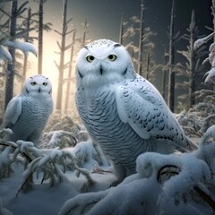 Owl in snow, Attractive winter scene with beautiful owl, AI generated.