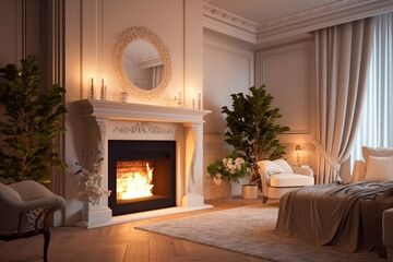 Modern interior design of the living room with fireplace. Super photo realistic background, generative ai illustration	