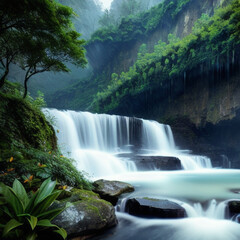 Beautiful portrait of a waterfall cascade down a river with mountain and green landscape