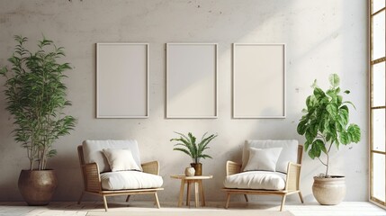 Obraz na płótnie Canvas boho-inspired interior living room space with 3 mockup poster frames