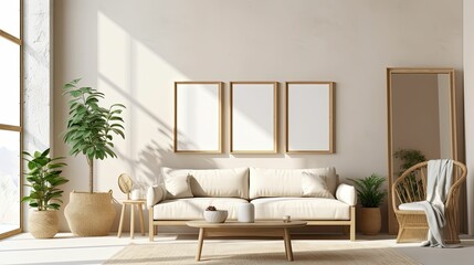 Fototapeta na wymiar boho-inspired interior living room space with 3 mockup poster frames