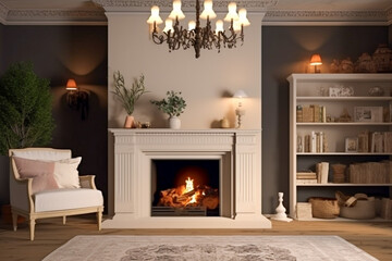 Modern interior design of the living room with fireplace. Super photo realistic background, generative ai illustration	