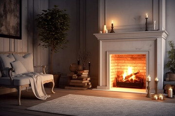 Modern interior design of the living room with fireplace. Super photo realistic background, generative ai illustration	