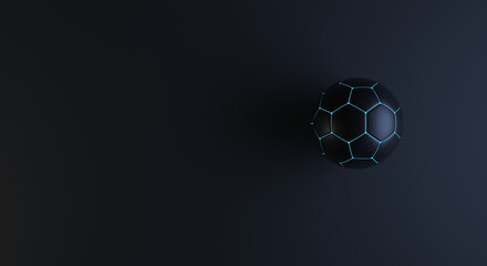 Fototapeta premium black soccer ball with glowing blue lines, black ball with neom light in dark environment, baner for sport, sport flyer (3d illustration)