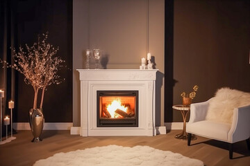 Modern interior design of the living room with fireplace. Super photo realistic background, generative ai illustration	