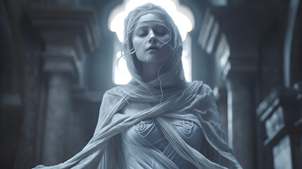 The haunting presence of a banshee within the sacred confines of an ancient temple made with Generative AI