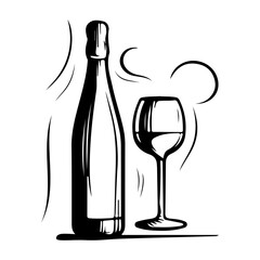 A bottle and a glass of wine illustration, simple icon, silhouette on white background, doodle minimalistic style