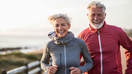 Active fit mature couple running on Santa Monica Beach boardwalk pacific ocean in background. Generative AI.