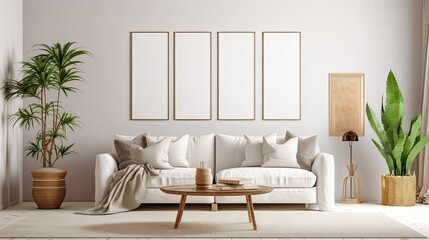 Fototapeta na wymiar boho-inspired interior living room space with mockup poster frames