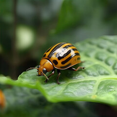 The Colorado potato beetle sits on a potato leaf. Generative Ai.