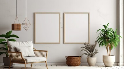 boho-inspired interior living room space with mockup poster frames
