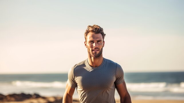 Attractive fit man running on Santa Monica Beach boardwalk pacific ocean in background. Generative AI.