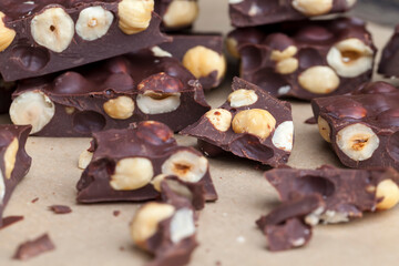 Pieces of homemade milk chocolate with lots of hazelnuts