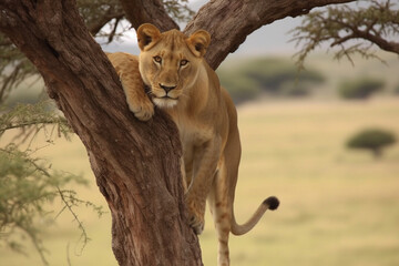 a lion climbing a tree